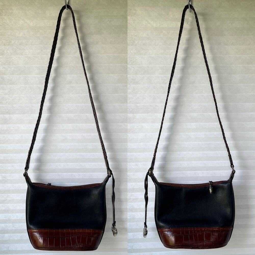 Brighton Leather Small Bag black leather and contrast croc embossed brown bottom